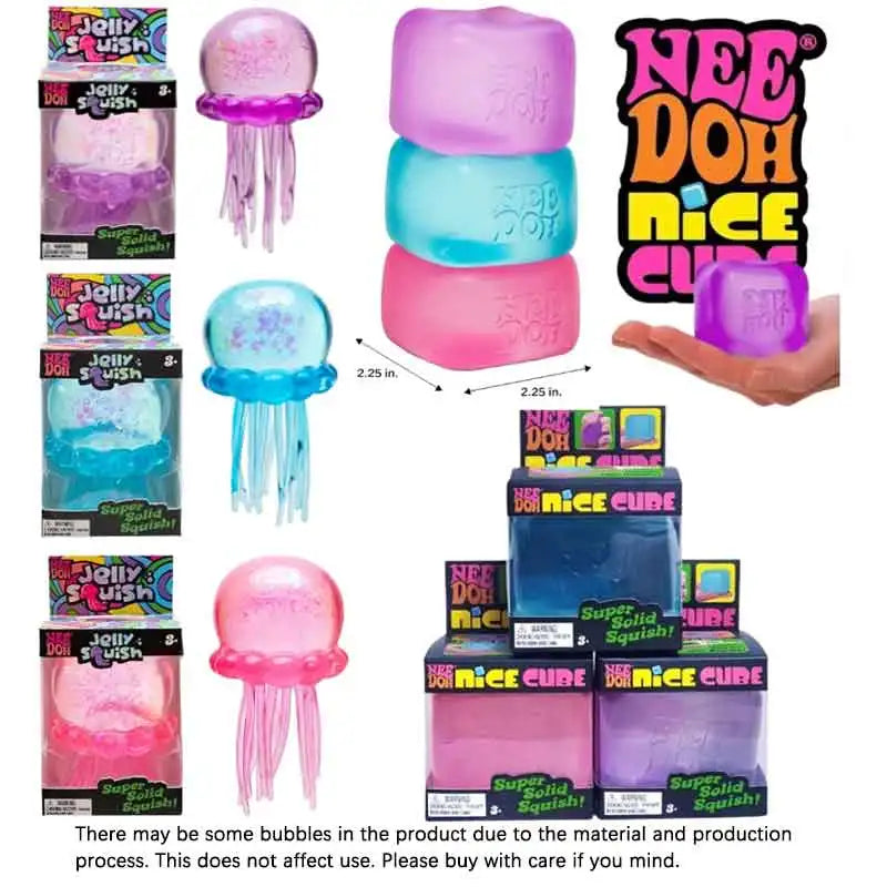 Nee Doh  Trending Jellyfish & Cube Squish Toy, Soft Jelly Squeeze Stress Relief Fidget Toy, Sensory NeeDoh for Kids & Adults