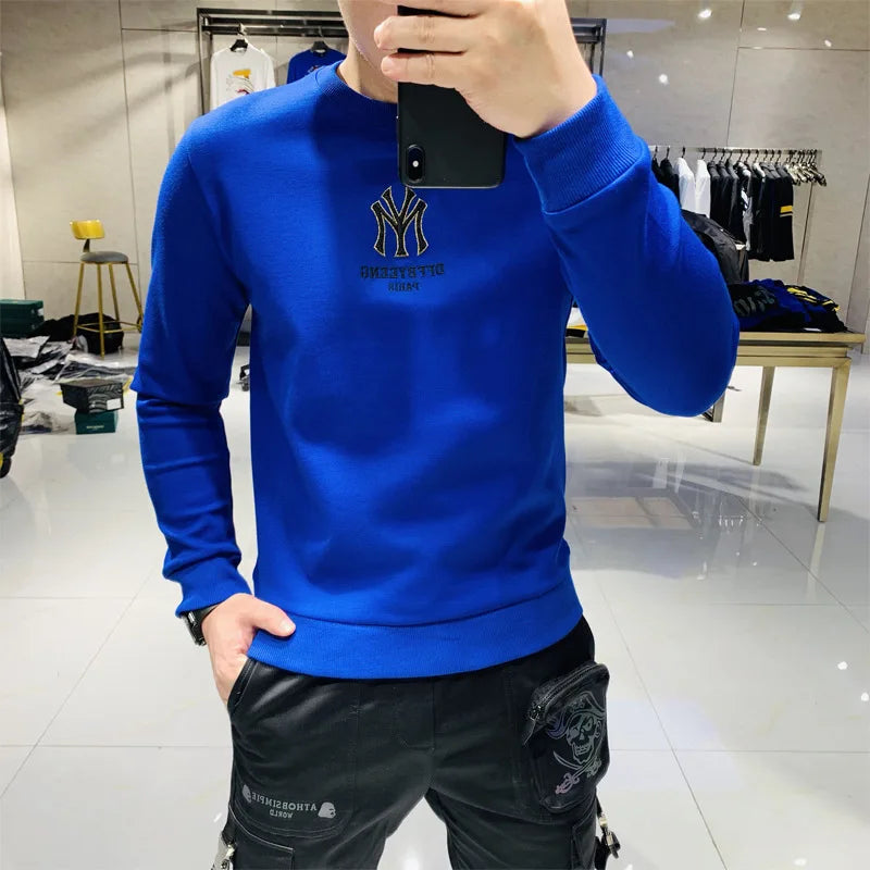 Handsome Men's Hoodies Simple Brand Logo Embroidery New Autumn Korean Design Pullover Casual Cotton Young O-Neck Sweater
