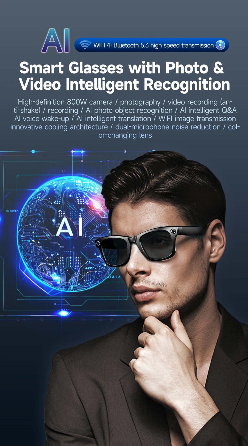 AI Smart Glasses with 8MP Camera Video Recording 100+ Languages Translation Sunglasses Bluetooth Call Music Play Men Women 2025