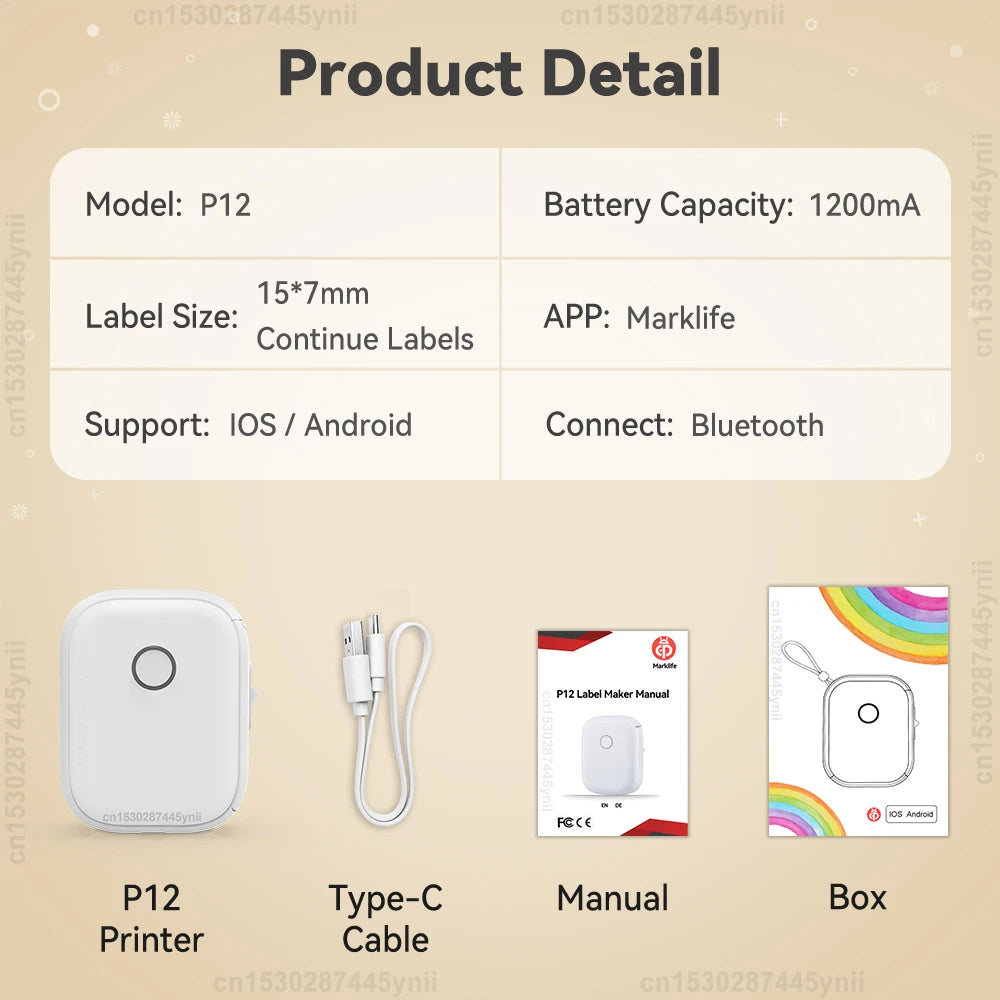 P12 Thermal Label Printer Similar as D11 D110 D101 Marklife P12 Mini Label Maker Handheld Label Machine with Adhesive Label Tape