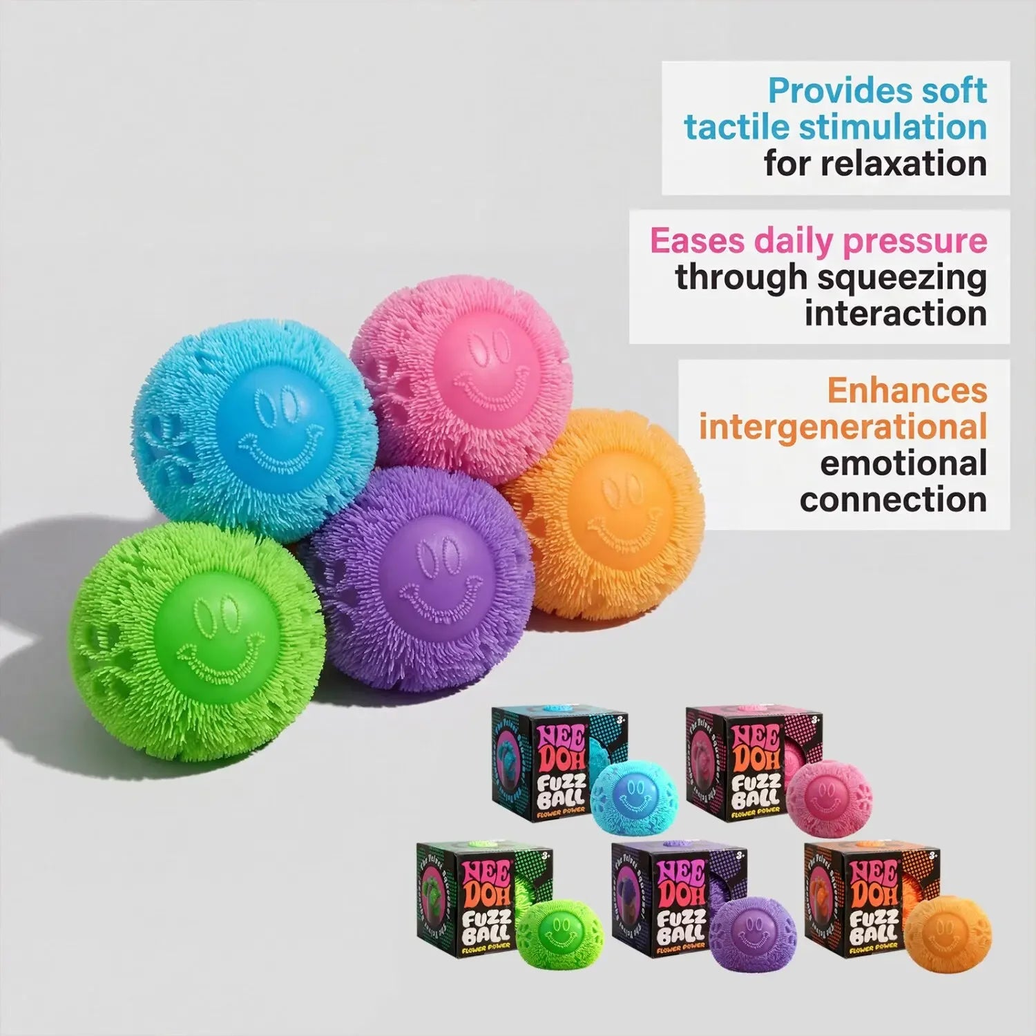 Nee Doh Fuzz Ball Blind Box Cute Smiley Face Flower Shape Soft Non Sticky Stress Relief Squeeze Toy For Office Home Kids Adults