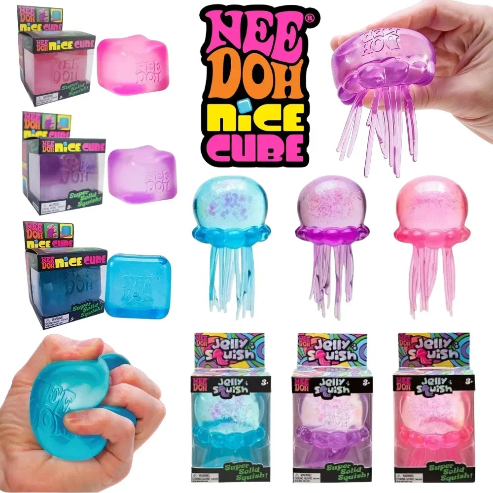 Nee Doh  Trending Jellyfish & Cube Squish Toy, Soft Jelly Squeeze Stress Relief Fidget Toy, Sensory NeeDoh for Kids & Adults