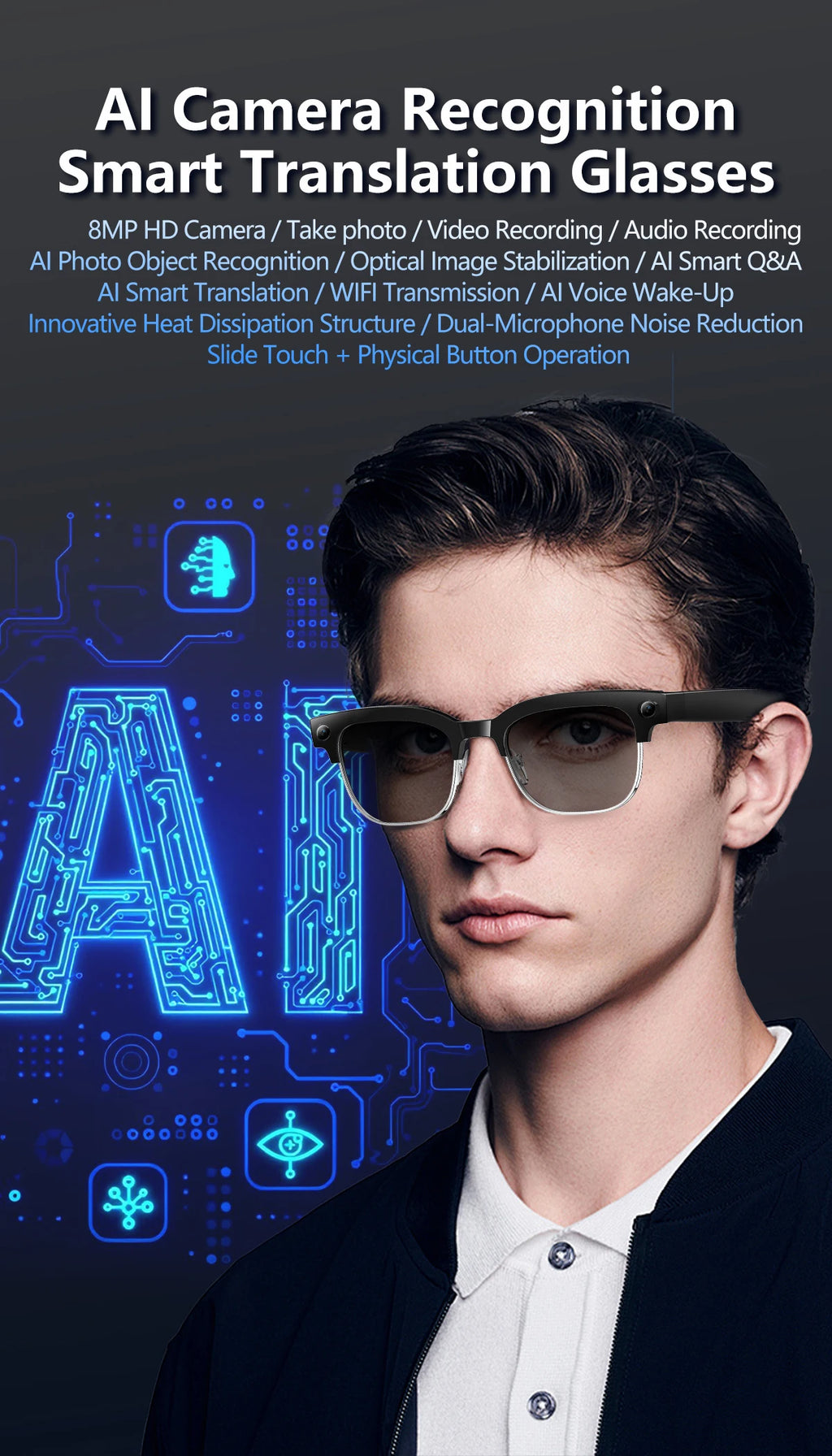 AI Smart Glasses AI Smart Translation AI Smart Question and Answer Interaction 800W HD Camera 290mAh Battery AI Smart Glasses