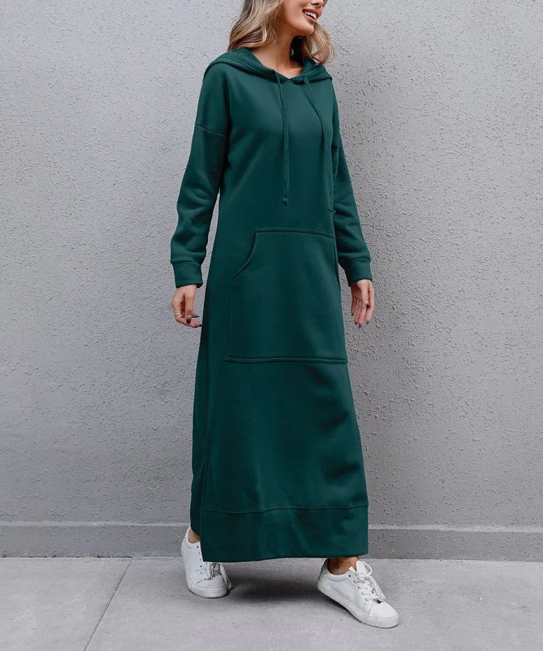 Hoodies Dress For Women Fashion 2025 Hem Lace-up Midi Robe Hooded Long Dress Autumn Winter Warm Casual Loose Sweatshirt Vestidos