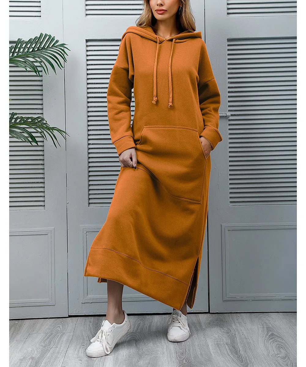 Hoodies Dress For Women Fashion 2025 Hem Lace-up Midi Robe Hooded Long Dress Autumn Winter Warm Casual Loose Sweatshirt Vestidos