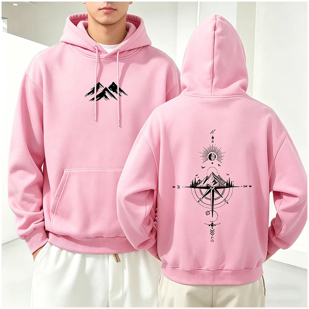 Hoodie Unisex Pocket Long Sleeve Casual Loose Tops Streetwear Pullover Hooded Sweatshir Minimalist Mountain Compass Print