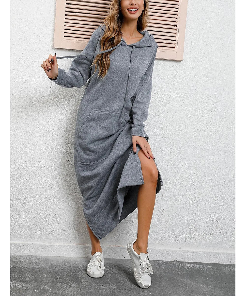 Hoodies Dress For Women Fashion 2025 Hem Lace-up Midi Robe Hooded Long Dress Autumn Winter Warm Casual Loose Sweatshirt Vestidos