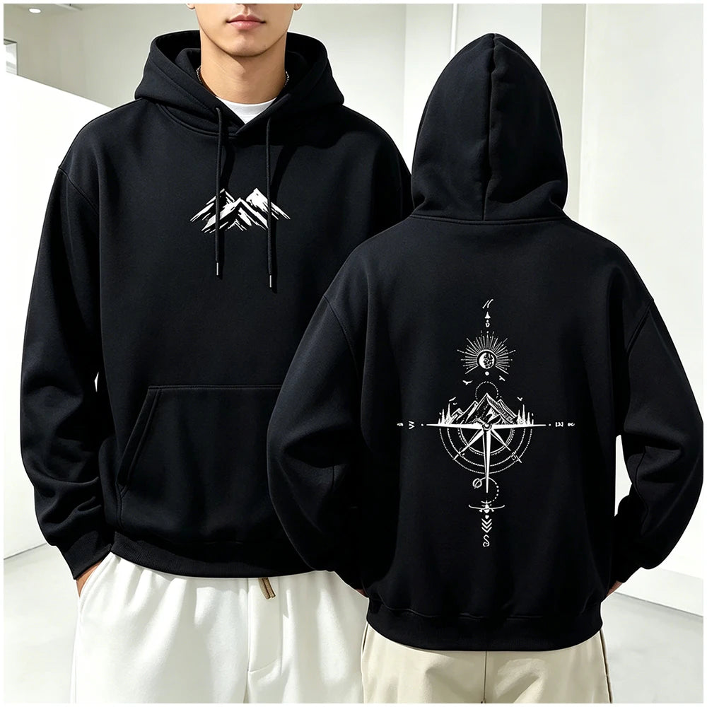 Hoodie Unisex Pocket Long Sleeve Casual Loose Tops Streetwear Pullover Hooded Sweatshir Minimalist Mountain Compass Print
