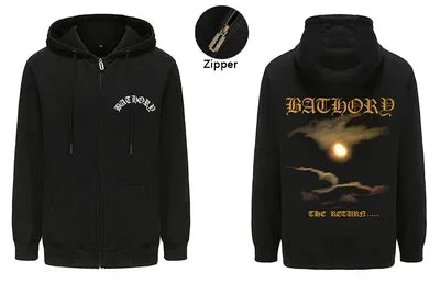 Mens Black Heavy Metal Band Bathory Hoody Y2k Vintage Hip Hop Streetwear Hoodie Zip-up Casual men women Hoodies Coats