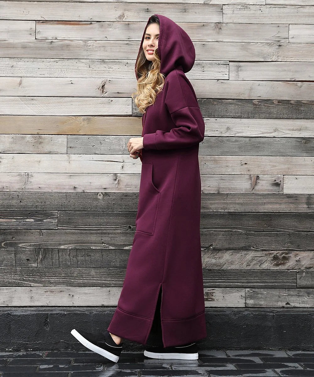 Hoodies Dress For Women Fashion 2025 Hem Lace-up Midi Robe Hooded Long Dress Autumn Winter Warm Casual Loose Sweatshirt Vestidos