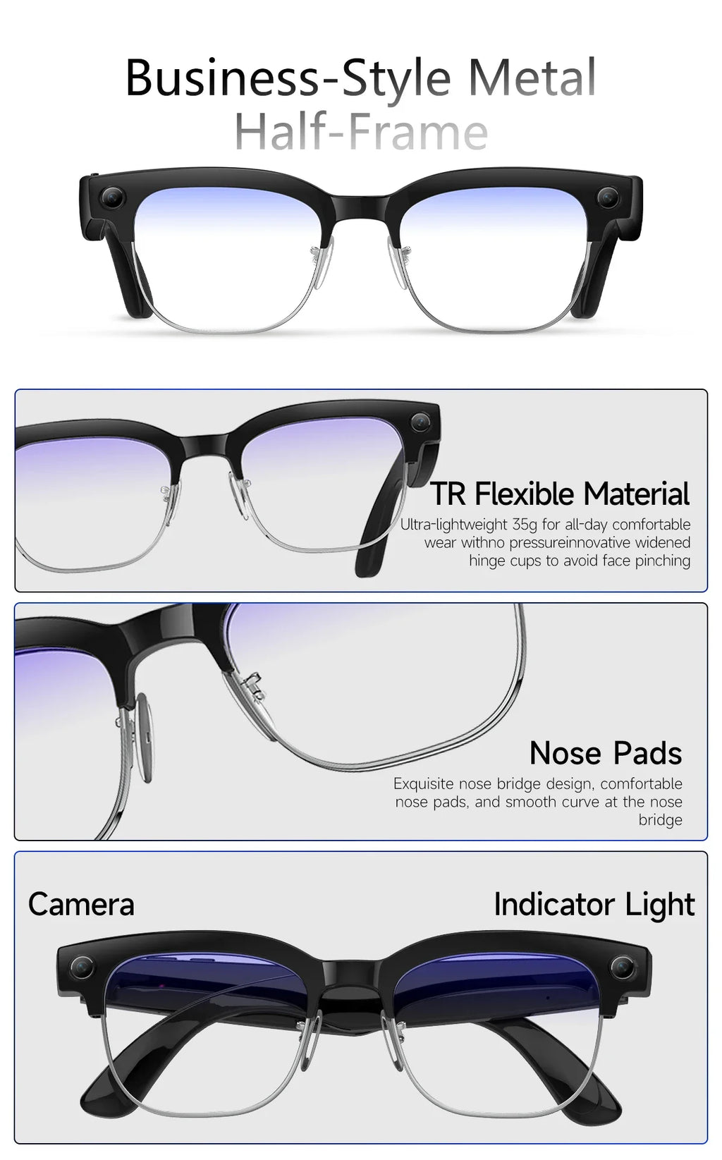 AI Smart Glasses AI Smart Translation AI Smart Question and Answer Interaction 800W HD Camera 290mAh Battery AI Smart Glasses