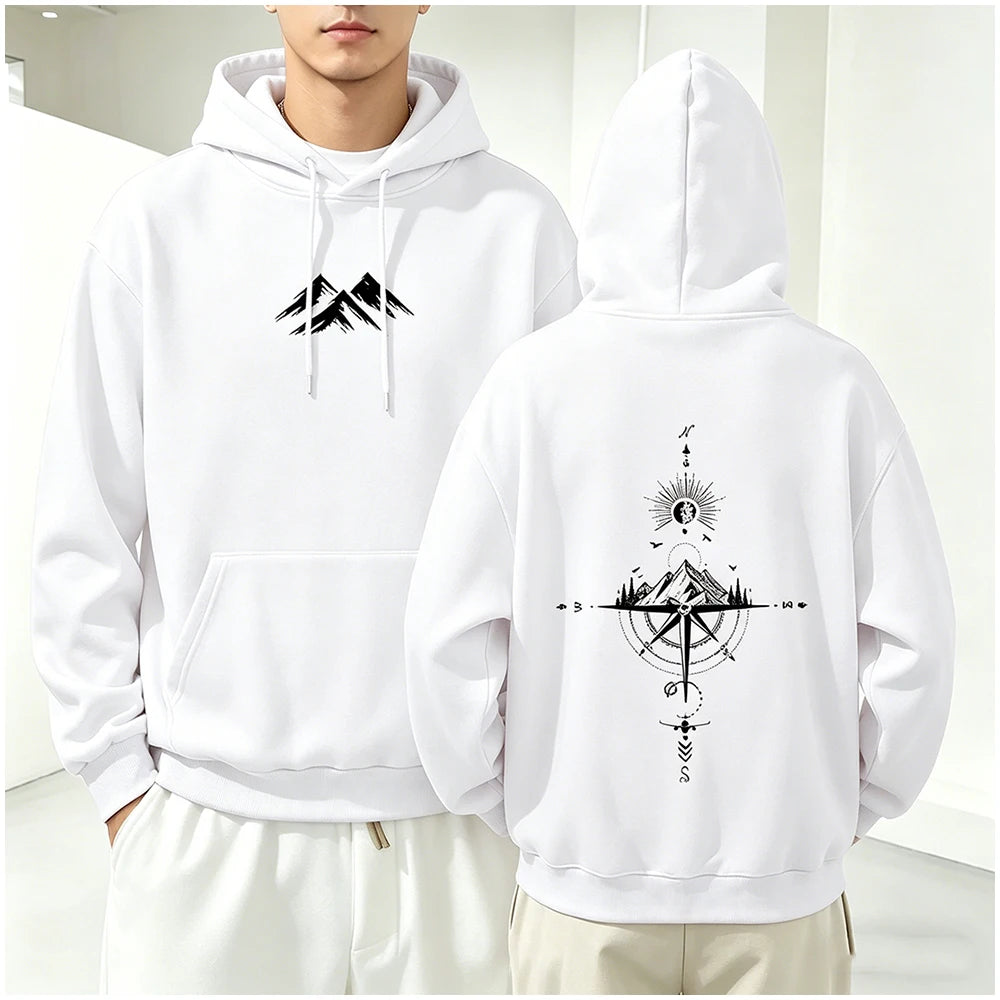 Hoodie Unisex Pocket Long Sleeve Casual Loose Tops Streetwear Pullover Hooded Sweatshir Minimalist Mountain Compass Print