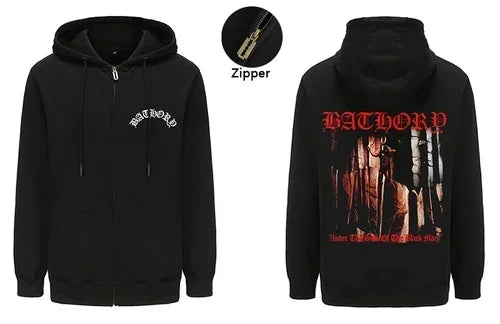 Mens Black Heavy Metal Band Bathory Hoody Y2k Vintage Hip Hop Streetwear Hoodie Zip-up Casual men women Hoodies Coats