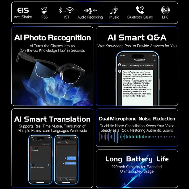 AI Smart Glasses AI Smart Translation AI Smart Question and Answer Interaction 800W HD Camera 290mAh Battery AI Smart Glasses