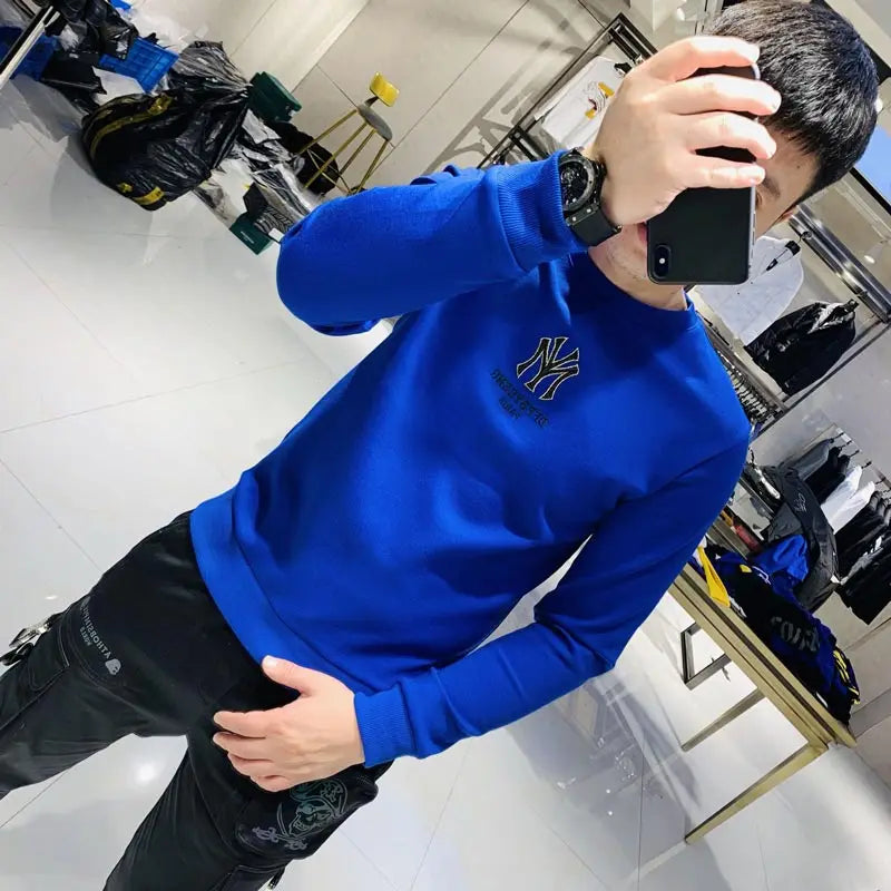 Handsome Men's Hoodies Simple Brand Logo Embroidery New Autumn Korean Design Pullover Casual Cotton Young O-Neck Sweater