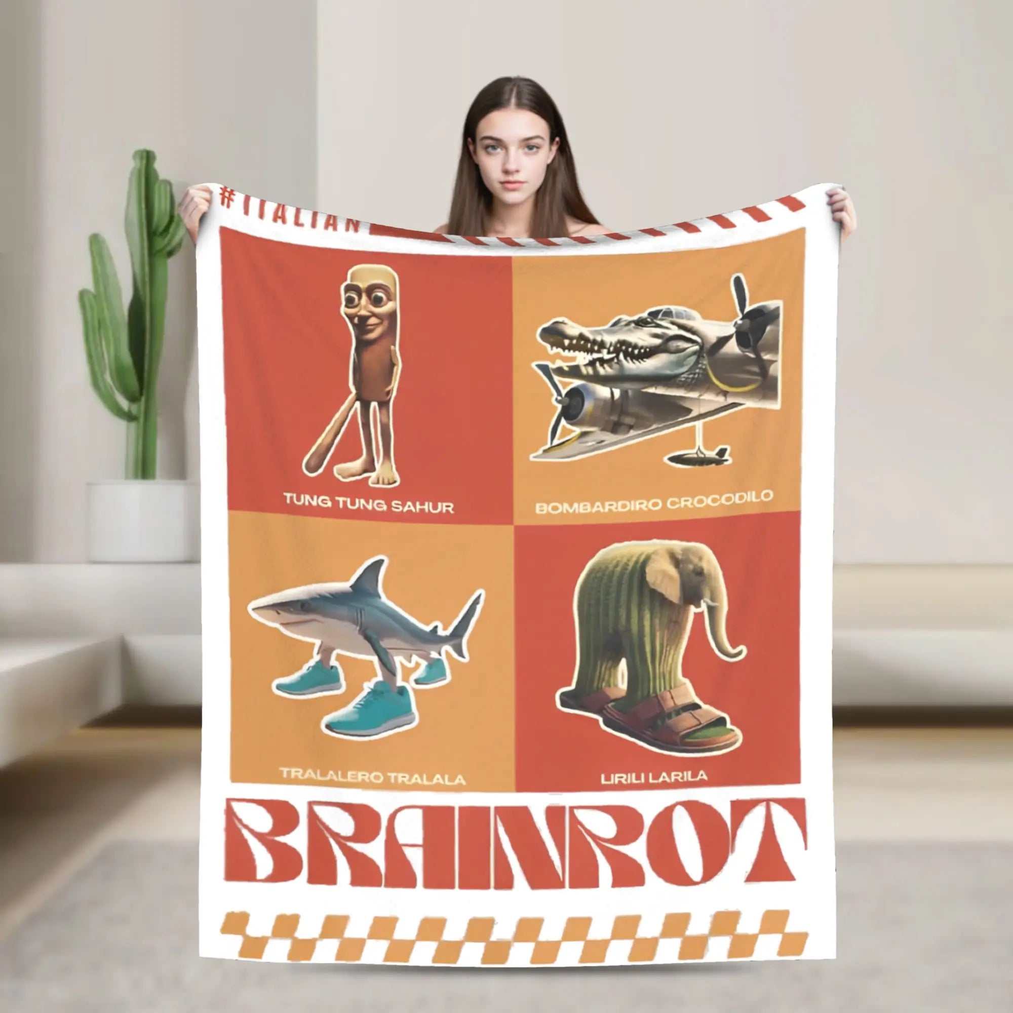 Tung Tung Tung Sahur Blankets Funny Italian Brainrot Meme Flannel Novelty Breathable Throw Blankets for Home Restaurant
