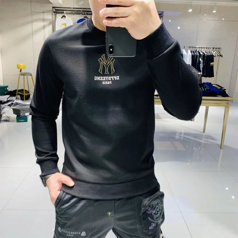Handsome Men's Hoodies Simple Brand Logo Embroidery New Autumn Korean Design Pullover Casual Cotton Young O-Neck Sweater