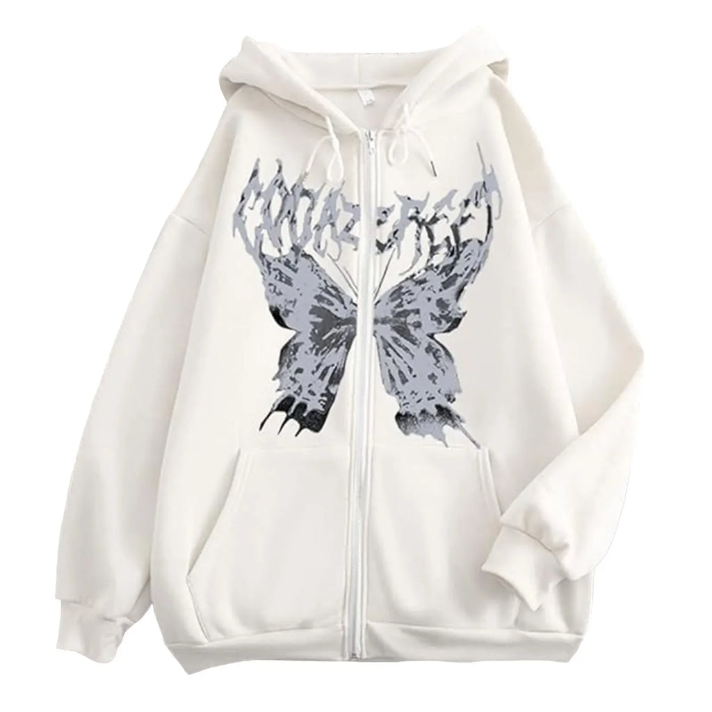 Hoodies Coat Womens Fun Skeleton Butterfly Patchwork Zip Up Hooded Jacket Loose Comfy Oversized Sweatshirt Girls Long Sleeve Top