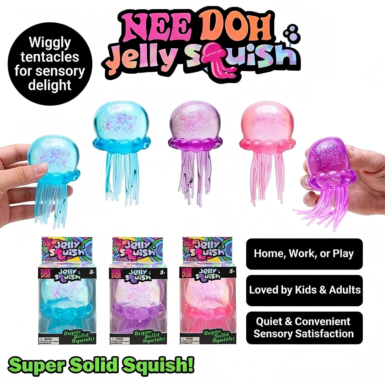Nee Doh  Trending Jellyfish & Cube Squish Toy, Soft Jelly Squeeze Stress Relief Fidget Toy, Sensory NeeDoh for Kids & Adults