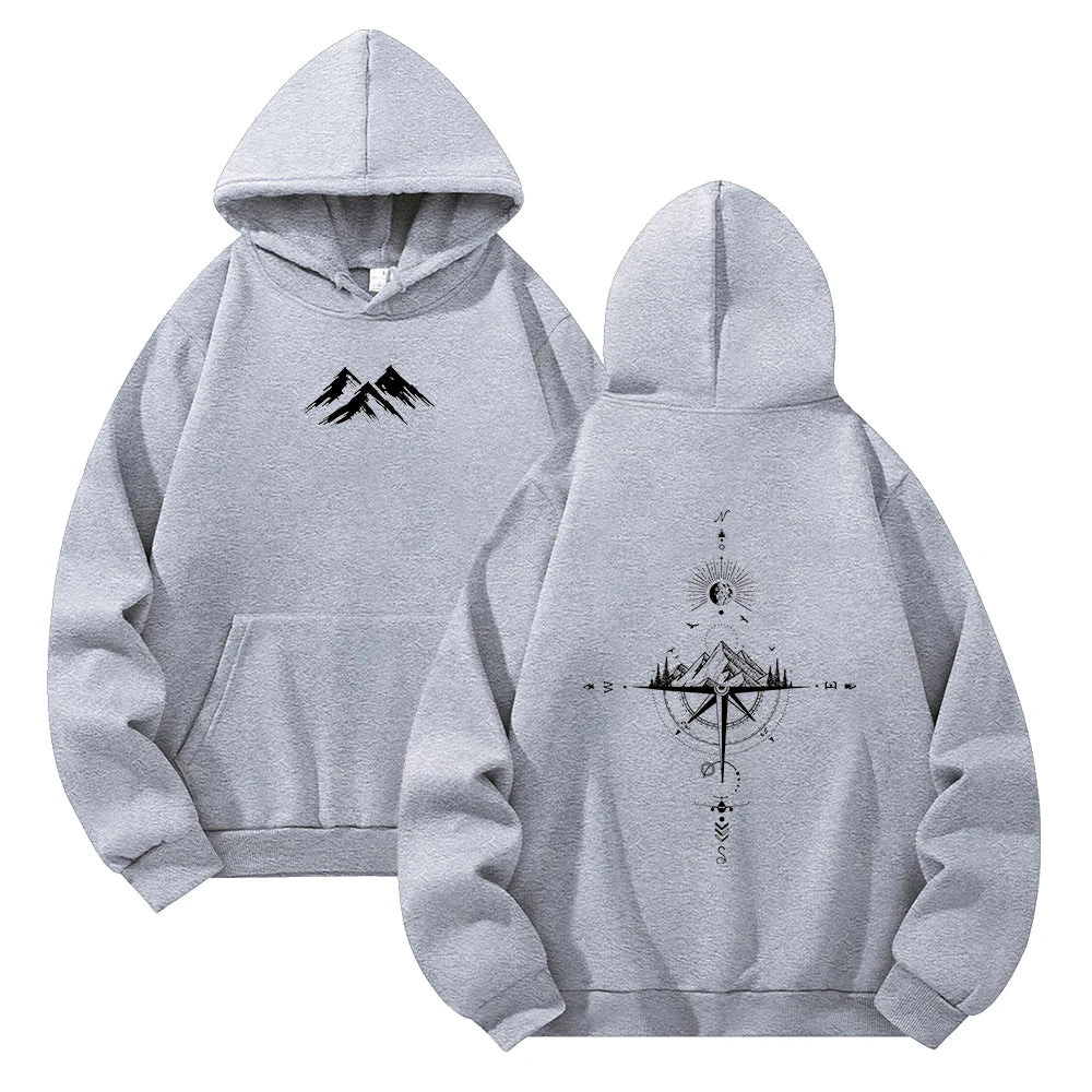 Hoodie Unisex Pocket Long Sleeve Casual Loose Tops Streetwear Pullover Hooded Sweatshir Minimalist Mountain Compass Print