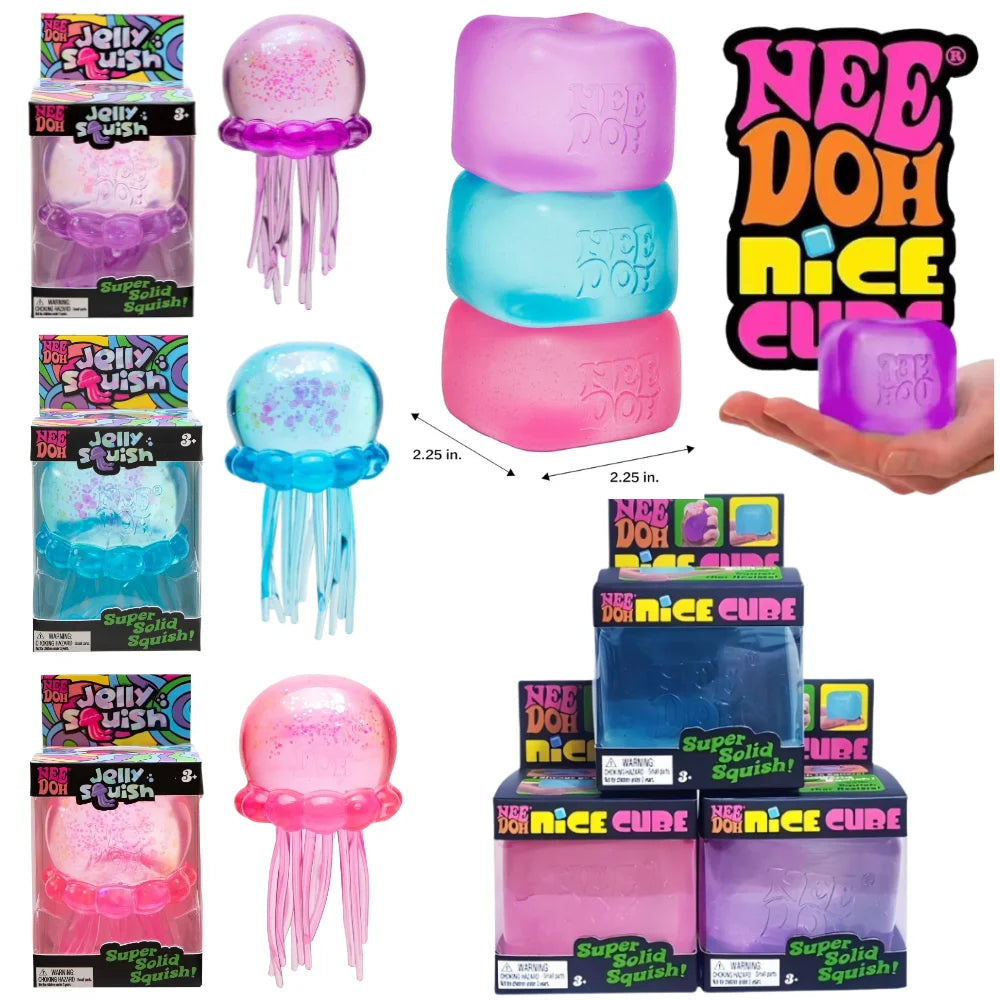 Nee Doh  Trending Jellyfish & Cube Squish Toy, Soft Jelly Squeeze Stress Relief Fidget Toy, Sensory NeeDoh for Kids & Adults