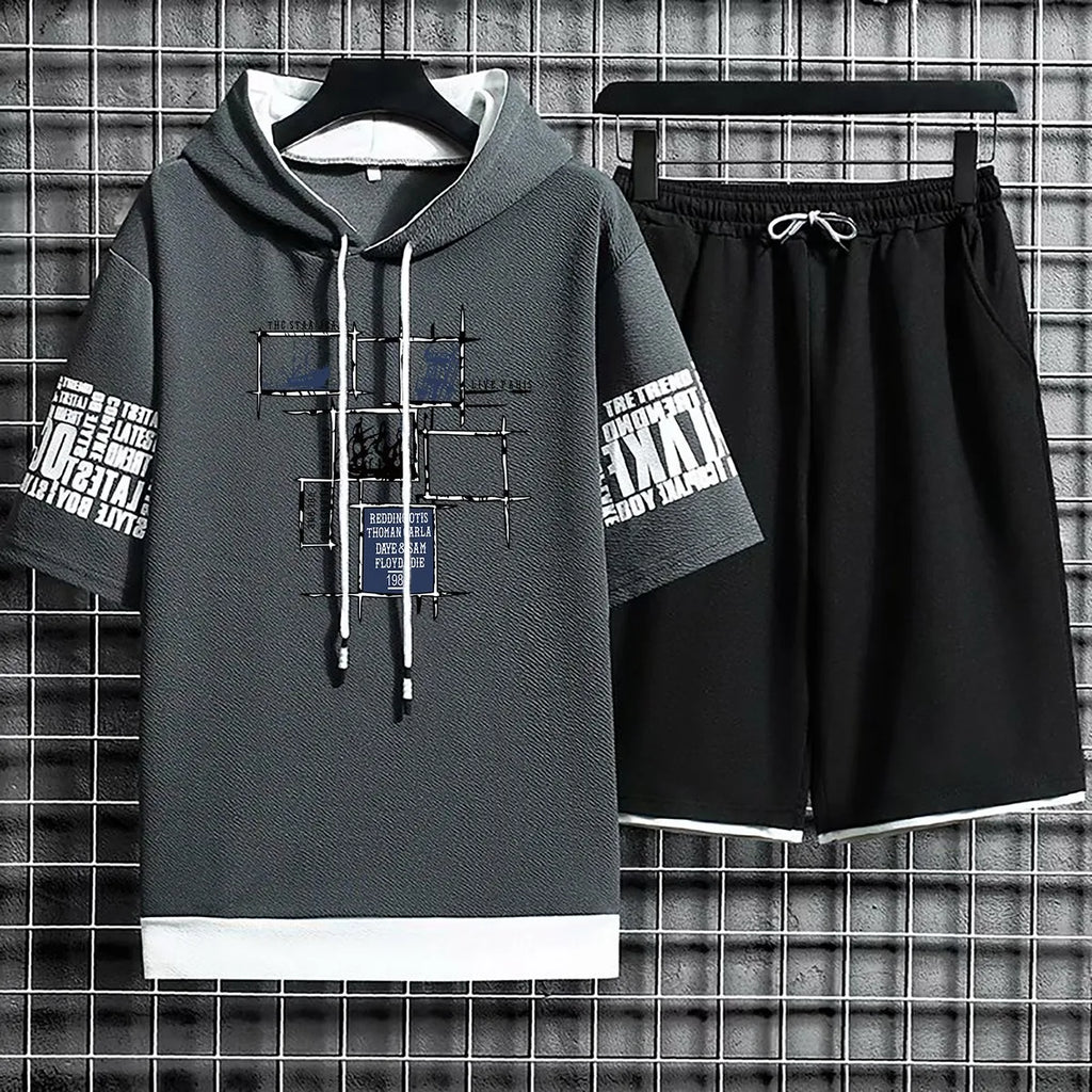 Hoodies Set Shorts Pullover Hat Summer Suits Casual T Shirt Clothing for Men T-shirt Hood Print Hoodie Men New Top Short Sleeve