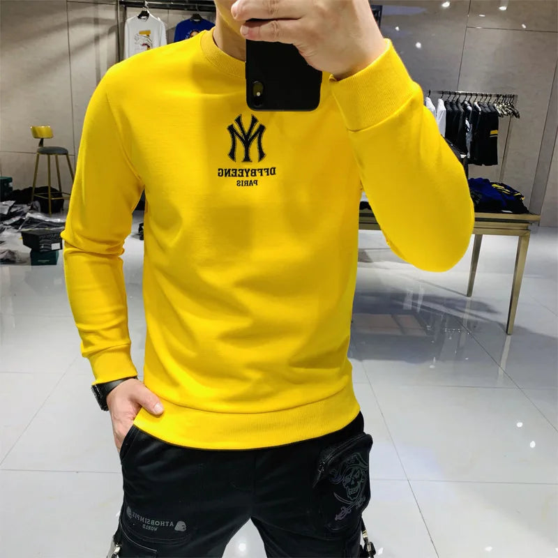 Handsome Men's Hoodies Simple Brand Logo Embroidery New Autumn Korean Design Pullover Casual Cotton Young O-Neck Sweater