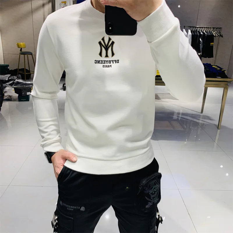 Handsome Men's Hoodies Simple Brand Logo Embroidery New Autumn Korean Design Pullover Casual Cotton Young O-Neck Sweater