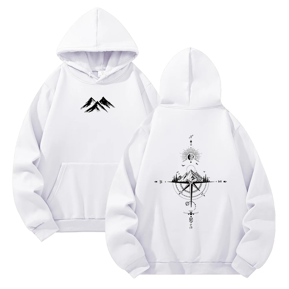 Hoodie Unisex Pocket Long Sleeve Casual Loose Tops Streetwear Pullover Hooded Sweatshir Minimalist Mountain Compass Print