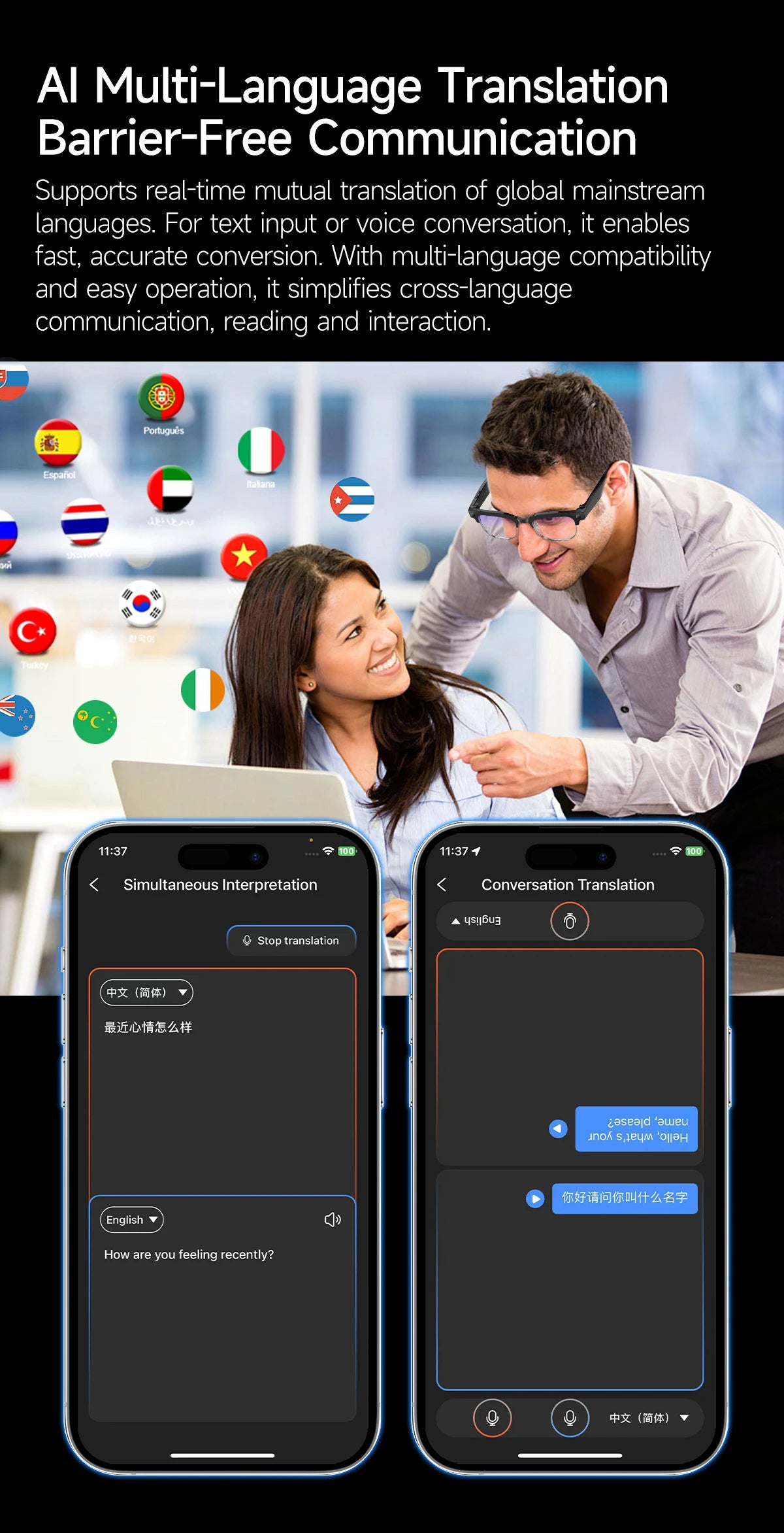 AI Smart Glasses AI Smart Translation AI Smart Question and Answer Interaction 800W HD Camera 290mAh Battery AI Smart Glasses