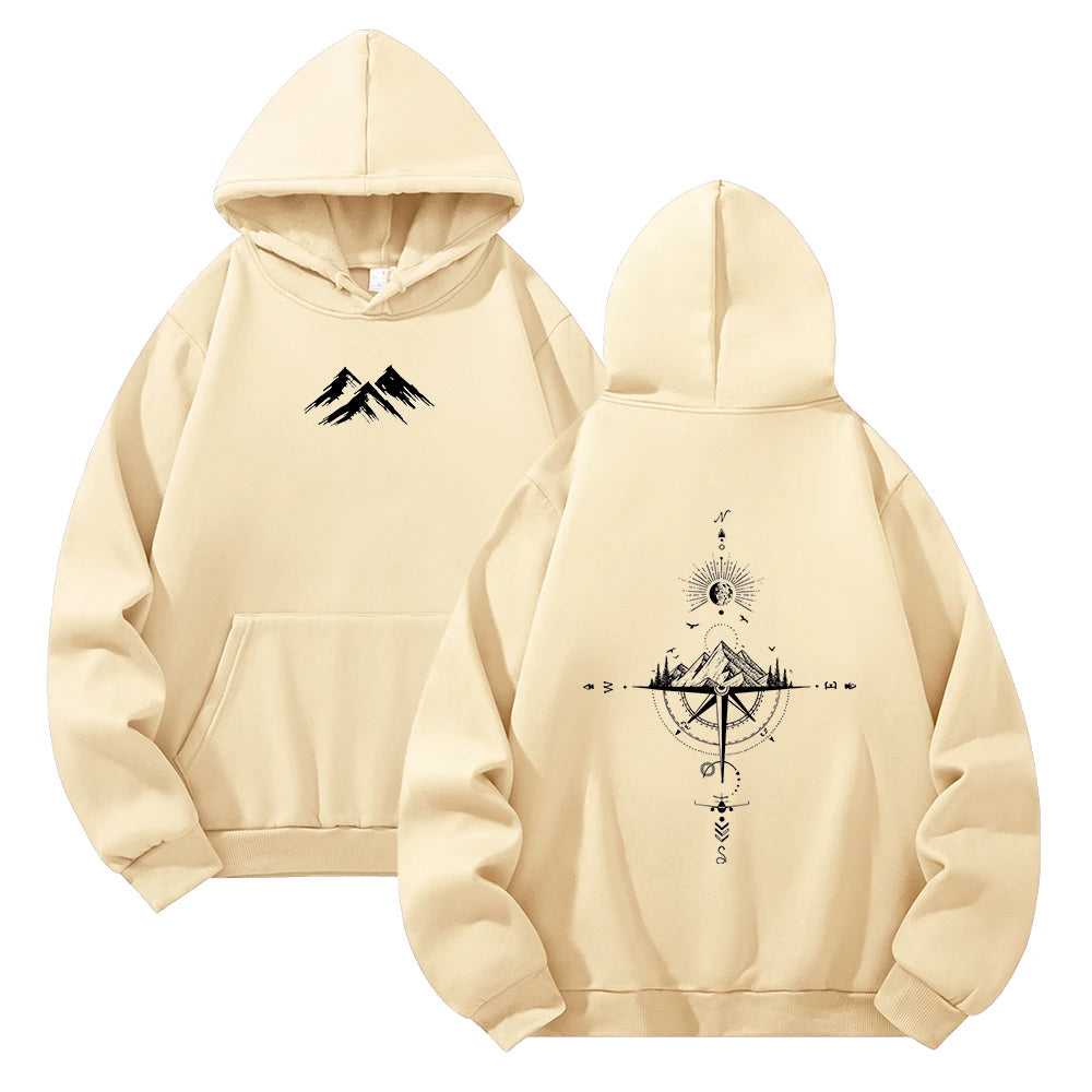 Hoodie Unisex Pocket Long Sleeve Casual Loose Tops Streetwear Pullover Hooded Sweatshir Minimalist Mountain Compass Print