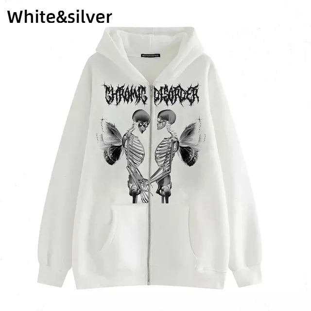 Hoodies Coat Womens Fun Skeleton Butterfly Patchwork Zip Up Hooded Jacket Loose Comfy Oversized Sweatshirt Girls Long Sleeve Top