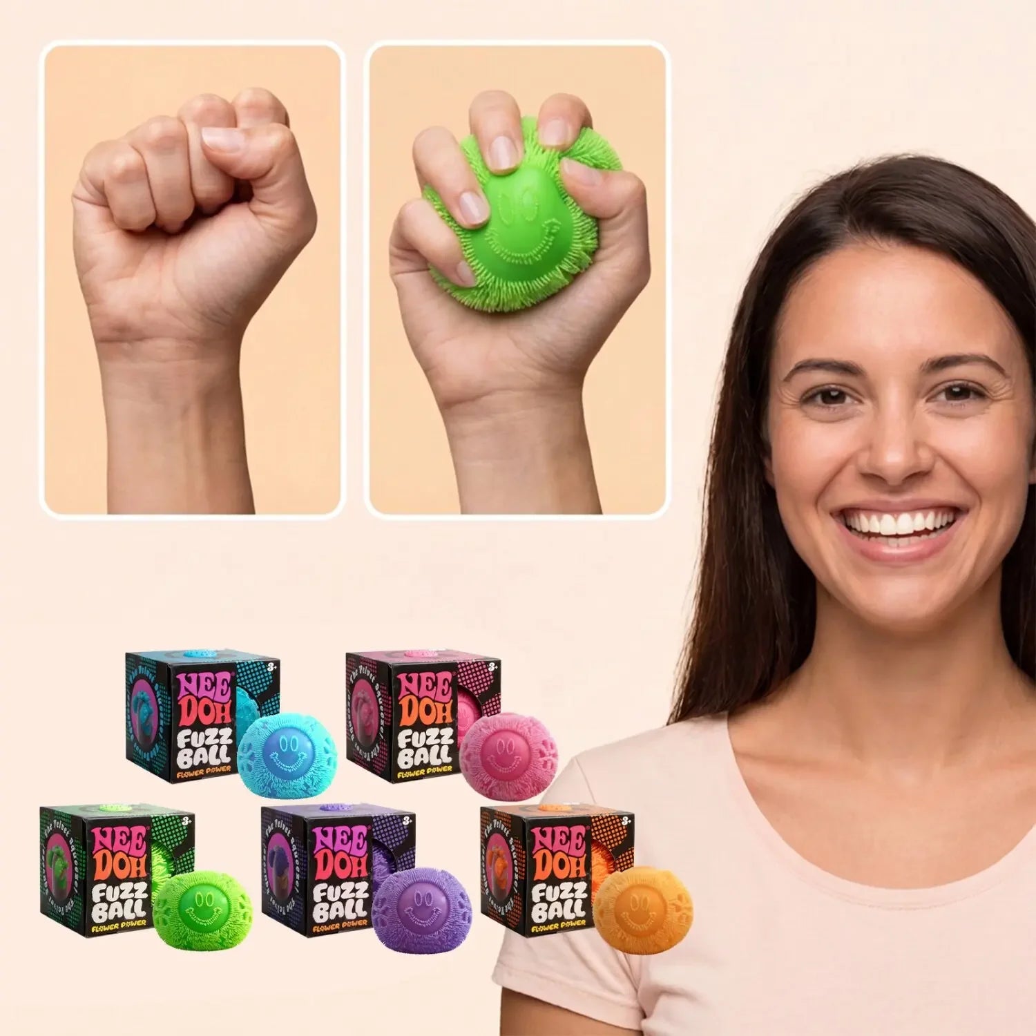 Nee Doh Fuzz Ball Blind Box Cute Smiley Face Flower Shape Soft Non Sticky Stress Relief Squeeze Toy For Office Home Kids Adults