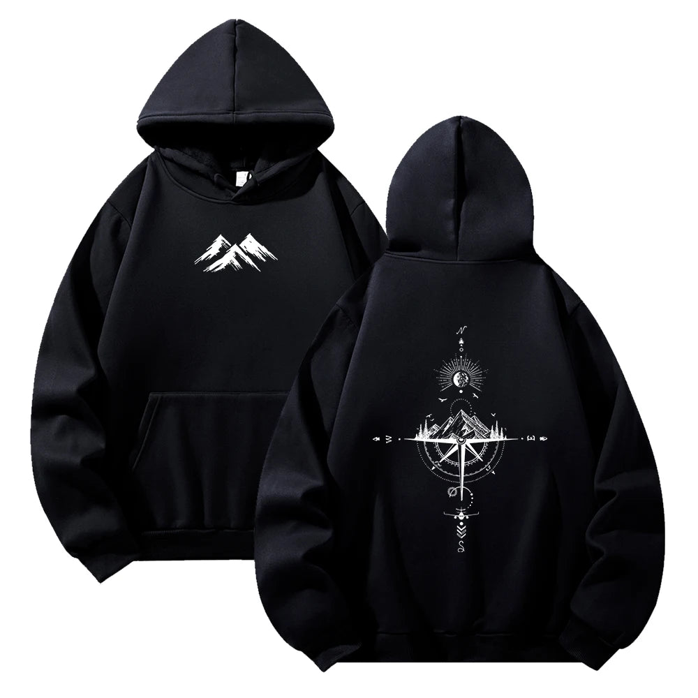 Hoodie Unisex Pocket Long Sleeve Casual Loose Tops Streetwear Pullover Hooded Sweatshir Minimalist Mountain Compass Print